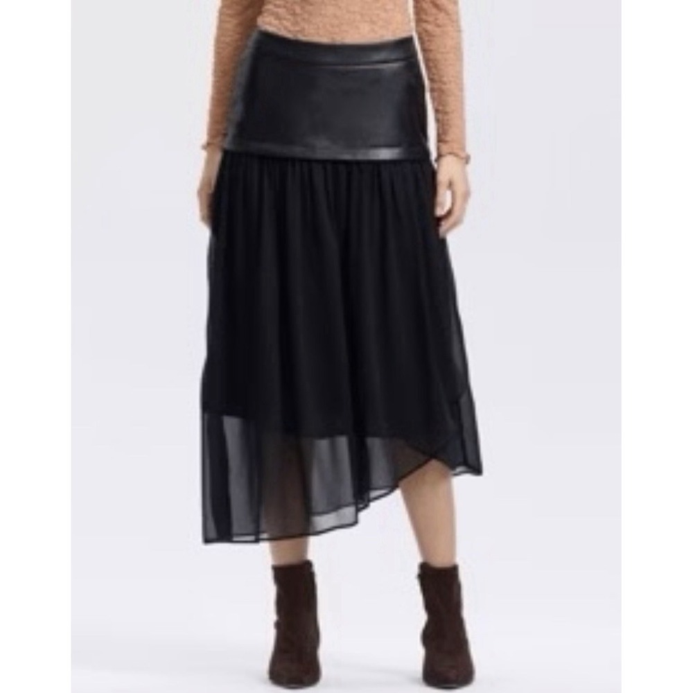 A New Day NWT Mixed Fabric A-Line Skirt Size XS Black Faux Leather Chiffon Midi